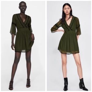 Zara Womens Medium Swiss Dot Green Ruffled V Neck Mini Dress New